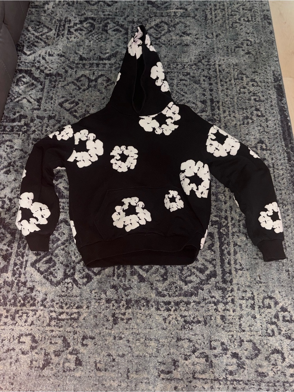 Black Hoodie with White Floral Clusters - Men's Casual Pullover